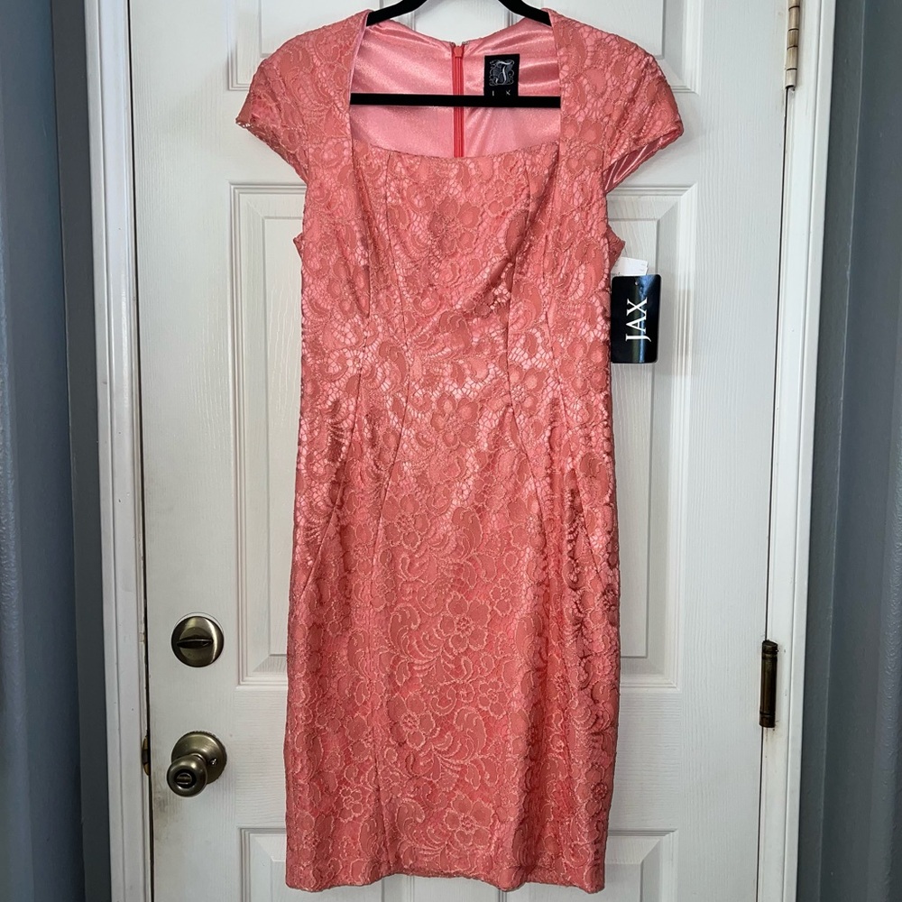 NWT JAX Womens Peach Tea Orange Floral Lace Sleeve Pencil Dress Size 10